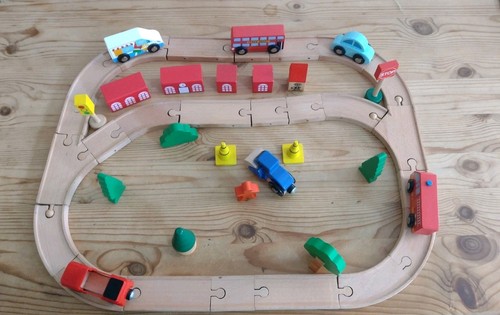 Wooden train track with road - train,