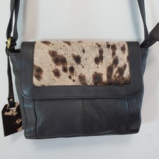 TAURUS Black Leather Crossbody Bag Spot Fur Pony Skin Messenger Retro Shoulder