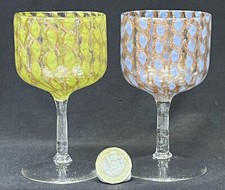 Pair Vintage Antique Salviati Murano Wine Glasses, Latticinio & Gold Aventurine