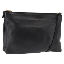 CELINE Trio Shoulder Bag Leather Black Gold Auth BA6576