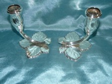 Art Nouveau Style Silver Metal Candlesticks - Pair on Leaves Wonderful Christmas
