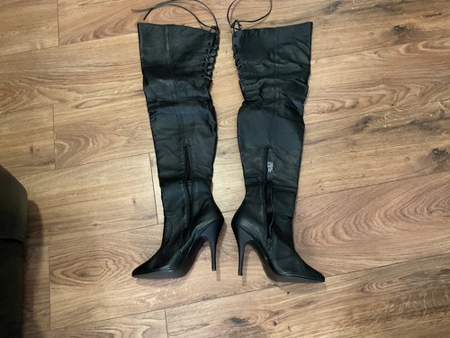 Real black leather - real, thigh