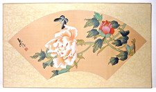 Large signed Chinese gouache painting on silk of a peony and butterfly
