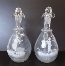 TWO ANTIQUE MARY GREGORY ART GLASS MATCHING EWERS WITH BOY & GIRL HAND PAINTED