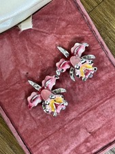 Vintage Pink Enamel Orchid Clip On Earrings 1” Corocraft? Marcasite 50s