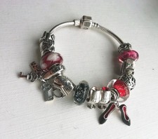 Ladies Chamilia 925 Silver Black/Red 11 Charm/2 stopper bead Bracelet