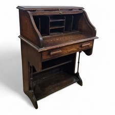 Antique industrial oak writing bureau - Tambour Roll Top desk with drawer