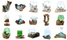 Molten Clear / Green Glass on Wood - Plant Pot - Glass Vase - House Plant Holder