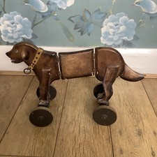 Articulated Toy Dog Wooden Collar Ring On Brown Wheels Very Rare Antique