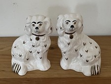 Pair of Staffordshire Style Mantle Dogs – White Spaniel Ornaments  Vintage Repro