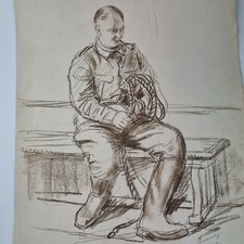Hubert Arthur Finney Signed Charcoal/ Pastel Sketch Of A Air Raid Warden ? WW2