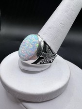 GLOWING HANDSOME  Eagle  cabochon LARGE Opal Men's ring Size 11 Sterling