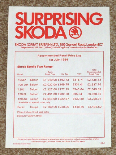 1984 skoda price list - list,