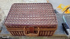 Vintage Woven Wicker Picnic Basket with Cups, Plates, and Cutlery