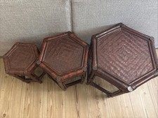 Vintage Boho Chic Hexagonal Dark Woven Rattan Bamboo Nest of 3 Tables Nesting