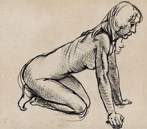 Female nude portrait - nude, ink