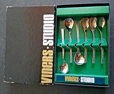 Boxed Viners Studio Set of 6 Coffee Spoons Mid-Century Modern Gerald Benney Bark
