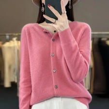 Women's 100% Merino Wool Cardigan Sweater O-Neck Long Sleeve Knitwear Top Autumn