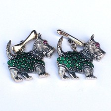 Sterling Silver Emerald Scottie Dog and Bone Cufflinks