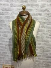 Wool or mohair striped scarf green tones fringed very short oblong S452