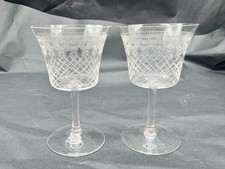 PAIR VINTAGE ETCHED CRYSTAL WINE GLASSES STEMWARE CUT GLASS GOBLETS
