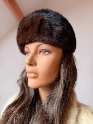Brown mink fur pillbox hat - mink,