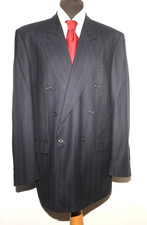 VINTAGE BRUNO KIRCHES DOUBLE BREASTED STRIPE SUIT 44'' W 38'' 1980'S NAVY BLUE