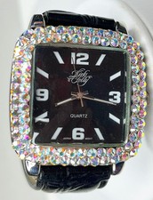 KIRKS FOLLY PINK CRYSTAL SQUARE WATCH  w Leather Strap