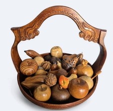 Antique Ornate Hand Carved Chinese Wooden Offering Tray/Basket & Carved Fruits