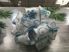 Luxury  Width  /3.8cm = 1.5in/  RIBBON White Silver with Sparkly Blue Snowflakes