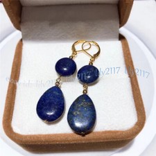 Natural Blue Lapis Lazuli Coin Teardrop Gems Beads Dangle Gold Leverback Earring