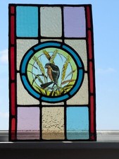 RENOVATED: Charming  Victorian Stained Glass Window Panel Hand Painted Bird