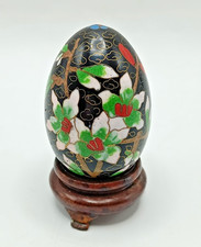 CLOISONNE EGG AND STAND BLACK SURROUND WITH FLORAL DESIGN  (FRANKLIN MINT?)