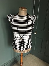 French Connection Black & White Striped Frilled Sleeved T-shirt Size 8