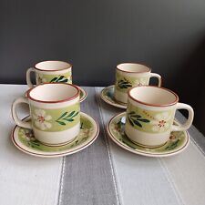 Cups & Saucers x 4. Retro Floral Green & Brown Coffee Tea Cups Set Pre-loved 