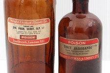 VINTAGE WRIGHT LAYMAN UMNEY LONDON PAIR LABELLED PHARMACY CHEMIST POISON BOTTLES