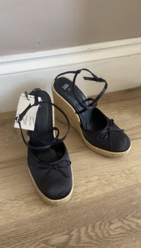 Zara black satin bow wedges - black,