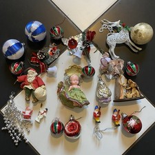 Vintage Kitsch Christmas Tree Decorations Glass Bauble Concave Silk Spun Santa