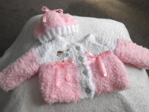 Hand knitted pink white - pink/white, faux