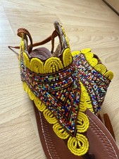 Handmade Yellow Multicoloured Beaded Leather Sandals Size 4