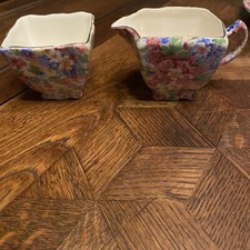 James Kent Apple Blossom Chintz Square Shaped Creamer and Sugar Set