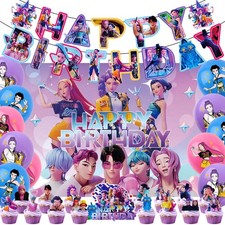 KPop Demon Hunters Birthday Party Supplies Set Flag Banner Cake Toppers Balloons