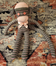Handmade 15" Sock Monkey Grey Pink Plush Soft Toy Stuffed Animal