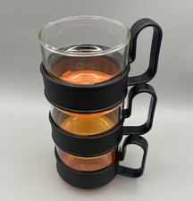 Vintage Pyrex Brasilia Coffee Tea Cups Stackable X 3 Black & Orange/Yellow