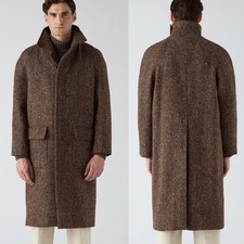 Business Herringbone Men Suits Long Overcoat Tweed Wool Blend Single Breasted