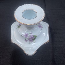 VINTAGE ADDERLEY FLORAL FINE BONE CHINA CANDLESTICK - Pale Blue Gold Trim x2