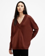 AllSaints Women's Brown V-Neck Wool Pullover Jumper UK Size L