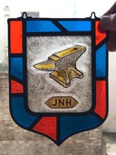 Outstanding Edwardian Stained Glass Window Panel Shield Shape Blacksmiths  ANVIL