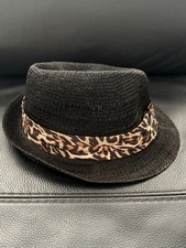Nicole Miller Straw-Look Hat Black with Leopard Print Band Fedora Packable 90s