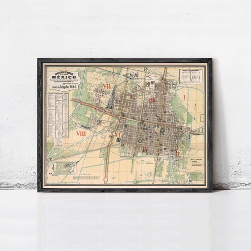 Old map mexico city 1886 - old,